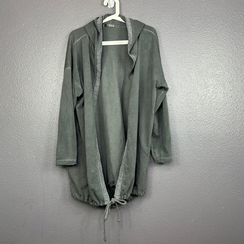 Lisa Robertson Gray Hooded Cardigan L/XL Open Front Tie Lagenlook Pockets